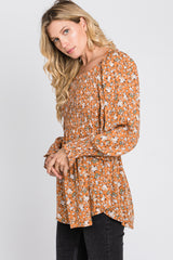 Camel Floral Smocked Bubble Sleeve Blouse