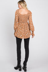 Camel Floral Smocked Bubble Sleeve Blouse