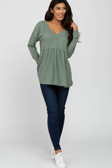 Olive Ribbed Long Sleeve Babydoll Top