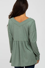 Olive Ribbed Long Sleeve Babydoll Top