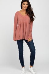 Rust Ribbed Long Sleeve Babydoll Top