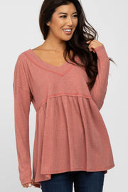 Rust Ribbed Long Sleeve Babydoll Top