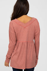 Rust Ribbed Long Sleeve Babydoll Top