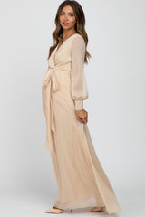 Cream Metallic Chiffon Maternity Maxi Dress