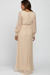 Cream Metallic Chiffon Maternity Maxi Dress