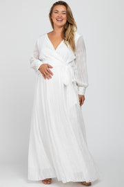 White Metallic Striped Chiffon Maternity Plus Maxi Dress