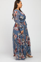 Blue Floral Chiffon Plus Maxi Dress