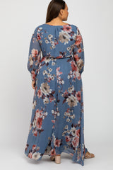 Blue Floral Chiffon Plus Maxi Dress