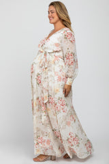 Ivory Floral Chiffon Maternity Plus Maxi Dress