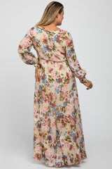 Taupe Floral Chiffon Maternity Plus Maxi Dress