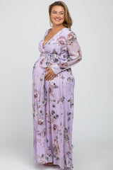 Lavender Floral Chiffon Maternity Plus Maxi Dress