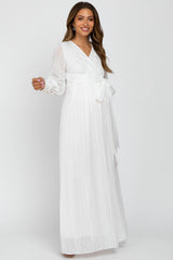 White Metallic Striped Chiffon Maternity Maxi Dress