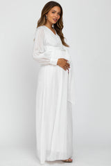 White Metallic Striped Chiffon Maternity Maxi Dress