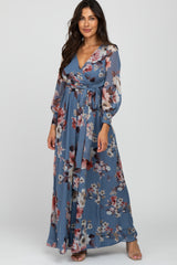 Blue Floral Chiffon Long Sleeve Pleated Maternity Maxi Dress