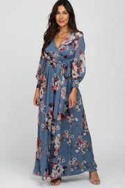 Blue Floral Chiffon Long Sleeve Pleated Maxi Dress