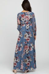 Blue Floral Chiffon Long Sleeve Pleated Maxi Dress