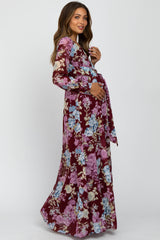 Burgundy Floral Chiffon Maternity Maxi Dress