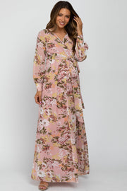 Pink Floral Chiffon Long Sleeve Pleated Maternity Maxi Dress