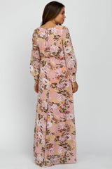 Pink Floral Chiffon Long Sleeve Pleated Maternity Maxi Dress