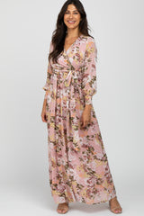 Pink Floral Chiffon Long Sleeve Pleated Maternity Maxi Dress