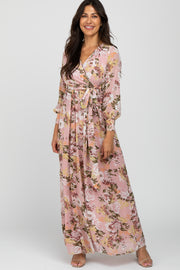 Pink Floral Chiffon Long Sleeve Pleated Maxi Dress