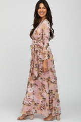 Pink Floral Chiffon Long Sleeve Pleated Maxi Dress