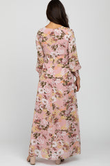 Pink Floral Chiffon Long Sleeve Pleated Maxi Dress