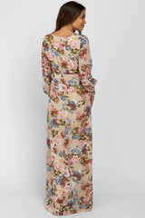 Taupe Floral Chiffon Maternity Maxi Dress