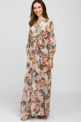 Taupe Floral Chiffon Maxi Dress