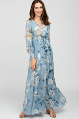 Light Blue Floral Chiffon Maxi Dress