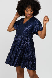 Navy Blue Sequin Tiered Short Sleeve  Dress