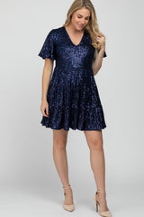 Navy Blue Sequin Tiered Short Sleeve Maternity Dress