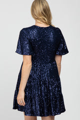 Navy Blue Sequin Tiered Short Sleeve Maternity Dress