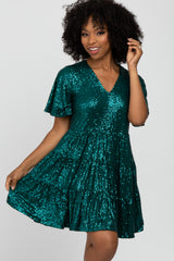 Emerald Green Sequin Tiered Short Sleeve Dress