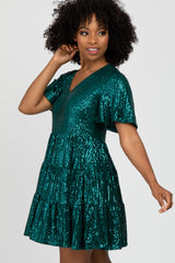 Emerald Green Sequin Tiered Short Sleeve Dress