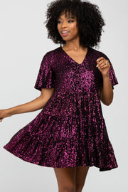 Purple Sequin Tiered Short Sleeve Dress