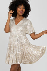 Cream Sequin Tiered Short Sleeve Maternity Dress