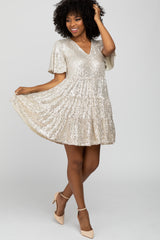 Cream Sequin Tiered Short Sleeve Dress