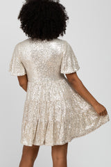 Cream Sequin Tiered Short Sleeve Dress