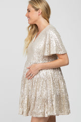 Cream Sequin Tiered Short Sleeve Maternity Dress