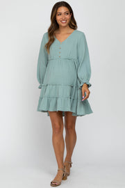 Sage Button Accent Long Sleeve Tiered Maternity Dress