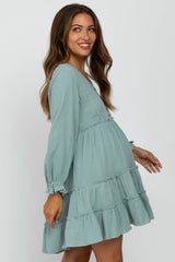 Sage Button Accent Long Sleeve Tiered Maternity Dress