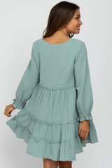 Sage Button Accent Long Sleeve Tiered Maternity Dress