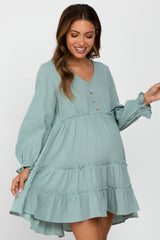 Sage Button Accent Long Sleeve Tiered Maternity Dress