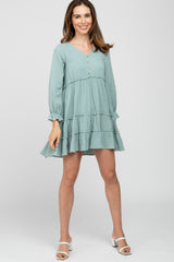 Sage Button Accent Long Sleeve Tiered Maternity Dress