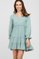 Sage Button Accent Long Sleeve Tiered Dress