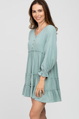 Sage Button Accent Long Sleeve Tiered Dress