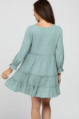 Sage Button Accent Long Sleeve Tiered Dress