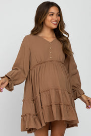 Taupe Button Accent Long Sleeve Tiered Maternity Dress