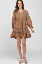 Taupe Button Accent Long Sleeve Tiered Dress